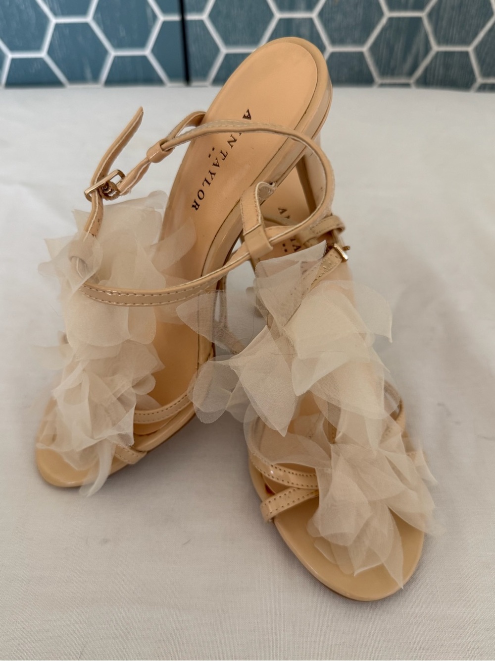 Ann Taylor Nude Floral Tulle Heeled Sandals